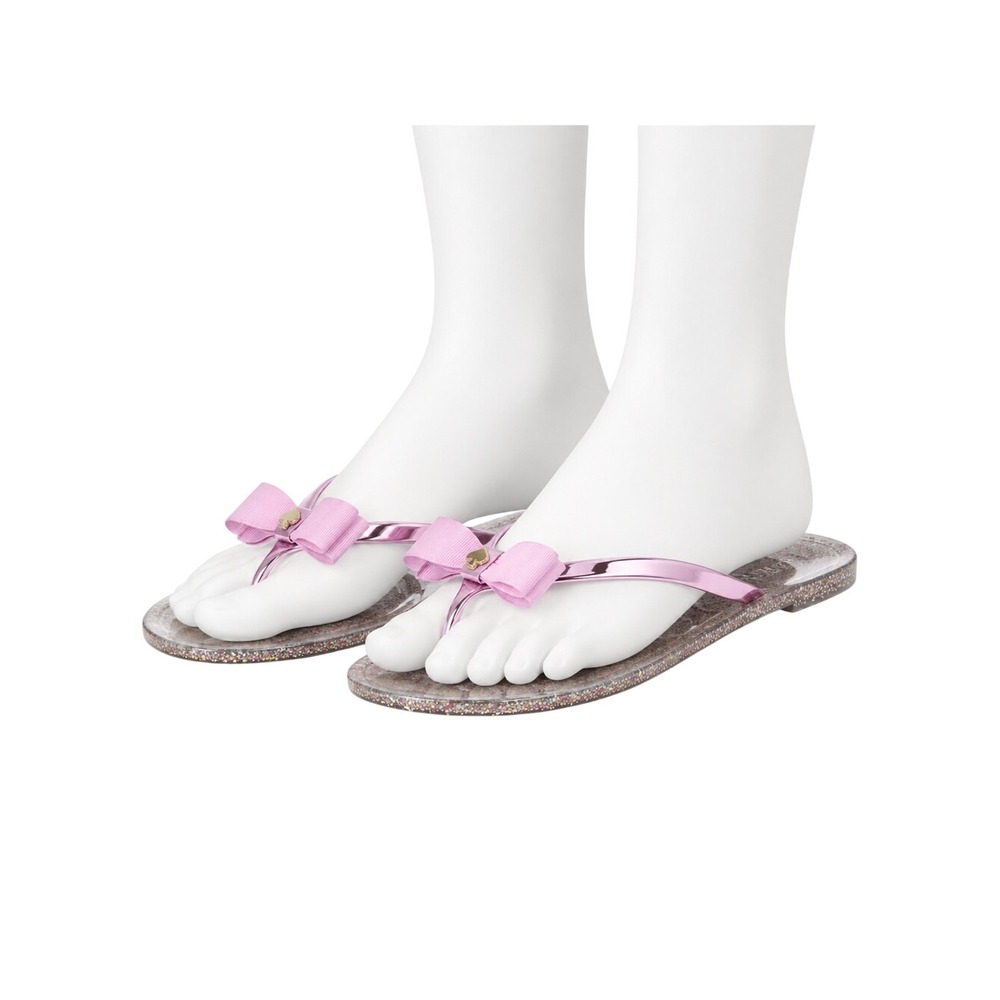 Kate Spade Follie Jelly Thong Sandal 7 Pink Confetti Glitter Bow Flat Flip Flop